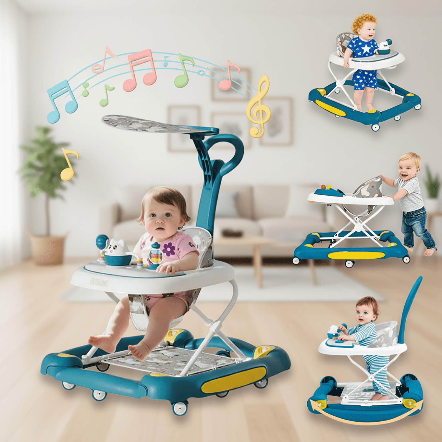 HDUTNGISN Green 6-in-1 Foldable Baby Walker for 6-24 Months,Bouncer,Tray & Music