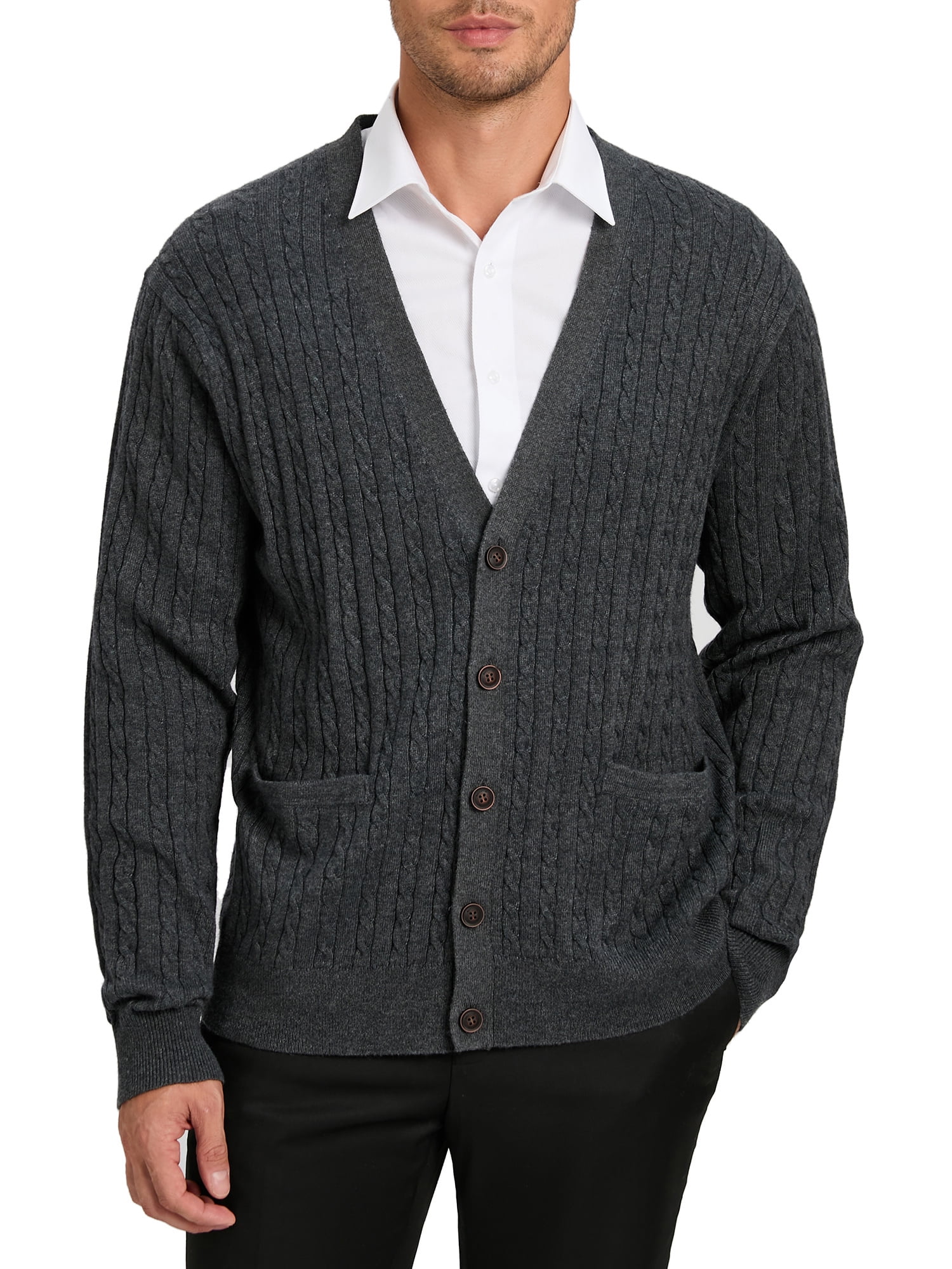Kallspin Men’s Wool Blend V-Neck Cable-Knit Cardigans Sweaters ...