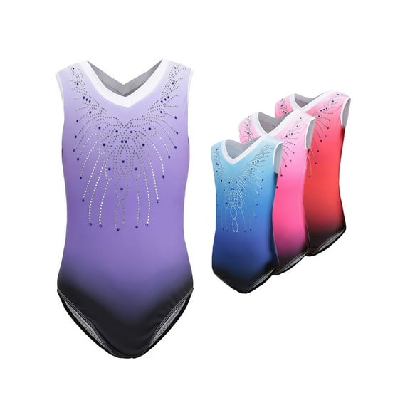 5-14T Girls Gymnastic Leotard Kids Sparkly Diamond Gradient Ballet Dance Suit Sleeveless Practice Outfit