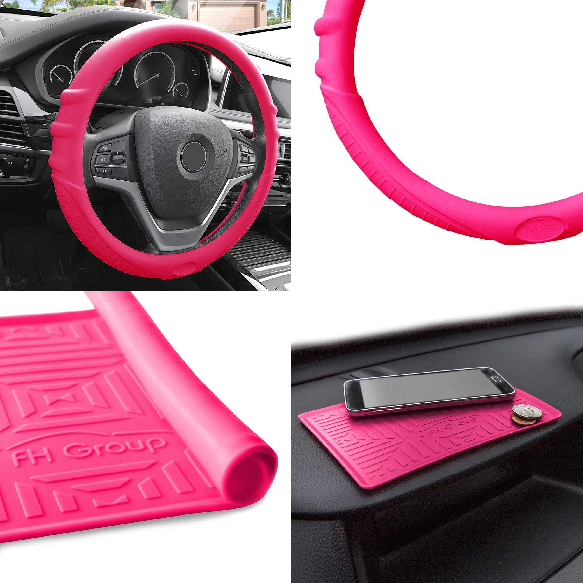 FH Group, Silicone Steering wheel cover Grip Marks w/ Magenta Dash Mat Pink  for Auto
