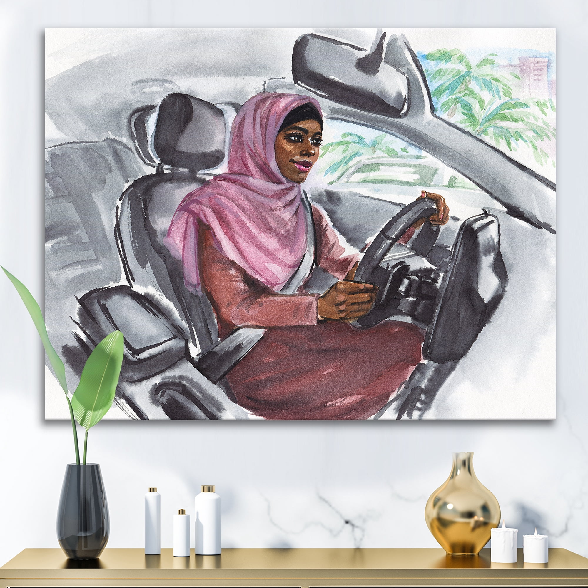 Designart ' Arabian Lady Driving A Car III ' Modern Canvas Wall Art Print