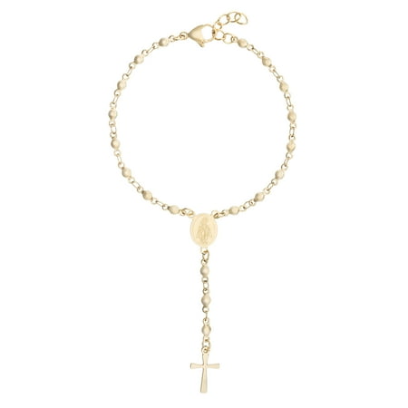 Yellow Plated Stainless Steel Bracelet - Women's Cross and Religious Disc Station Rosary Design Bracelet in Yellow Gold IP Plated Stainless Steel