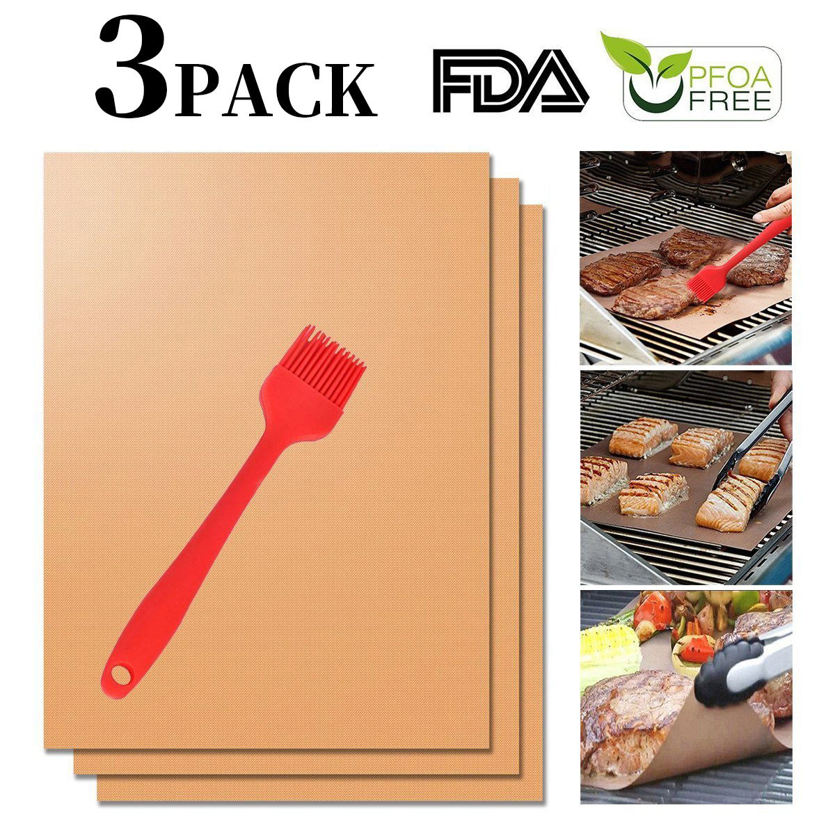 Grill Mat Sets, 3PCS Reusable Non Stick Heat Resistant BBQ Grilling