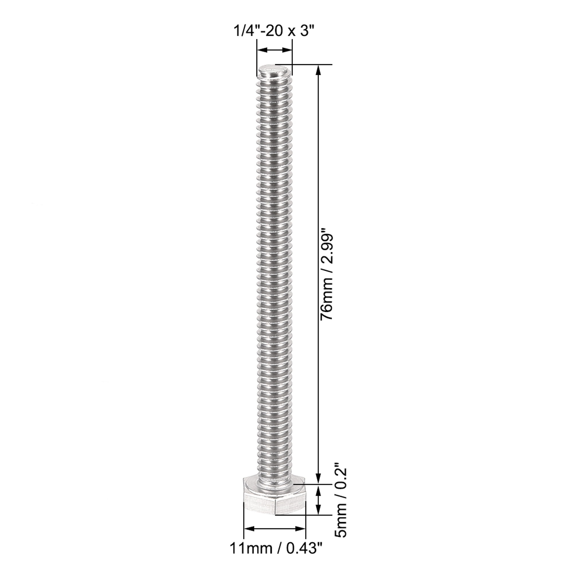 1/4"-20 x 3" 304 Stainless Steel Hex Head Screw Bolts 20pcs