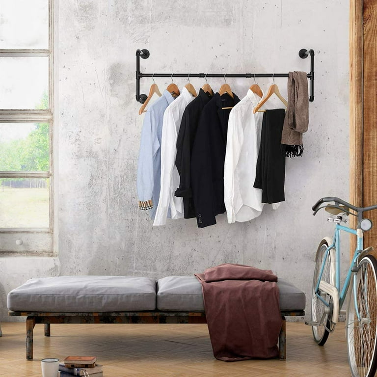 Wall Mounted Clothes Rack 43.7 L Double Black Iron Garment Bar Industrial Pipe Clothing Rack Multi Purpose Hanging Rod for Closet Storage Set of 2 Walmart