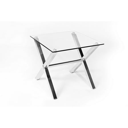 Benjara Tia 24 Inch Side End Table, Square Tempered Glass Top, X Shape Steel Legs