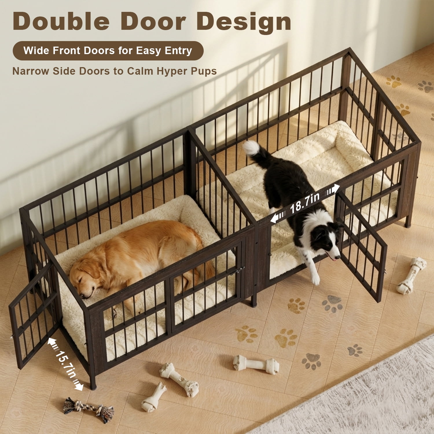 YOKWOK 88 Inch Dog Crate Furniture for Large Dogs with Sturdy Removable Divider, 3-In-1 Extra Large Double Doors Dog Kennel, XXL Thick Wooden Dog Cage Furniture, Black