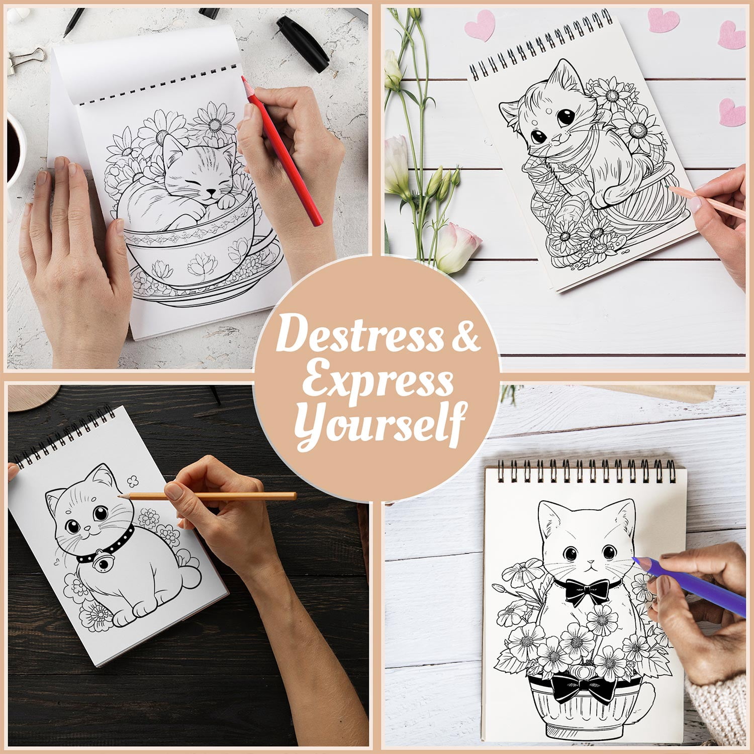 Netecom Cute Cats Spiral Bound Coloring Book for Adults, A5 Wooden Cover, 30 Adorable Coloring Pages of Playful Kittens for Stress Relief and Relaxation