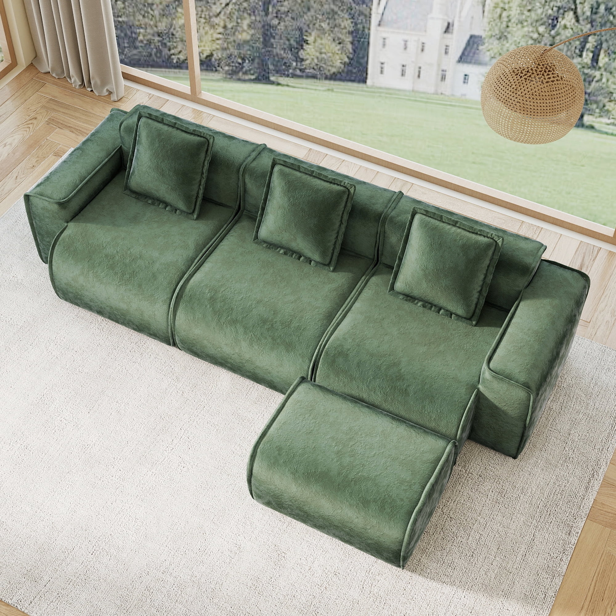 109" 3-Seat Modular U-Shaped Sectional Sofa, Green Velvet with 1 Movable Ottomans & Throw Pillows, No Assembly Required