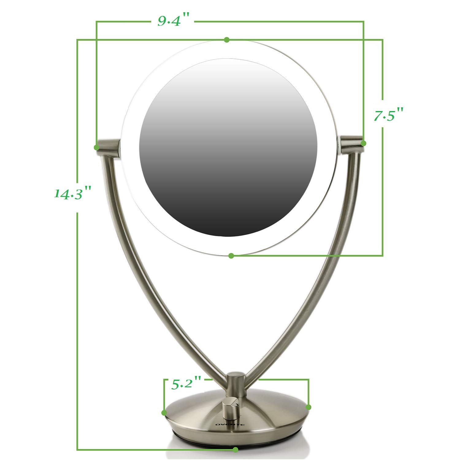 OVENTE LED Lighted Makeup Mirror 7.5 Inch Table Top 1X 5X Magnifier Dimmable illuminated Adjustable Circle 360 Degree Double Sided Acrylic Edge Battery USB Operated Large Nickel Brushed MLT75BR1X5X