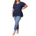 thumbnail image 2 of GRACE & GRANDEUR Women's Plus Size Easter Babydoll Tops Textured Tiered Pleated V Neck Short Sleeve Casual Loose Fit Summer Peplum Blouses 4X Navy Blue, 2 of 6
