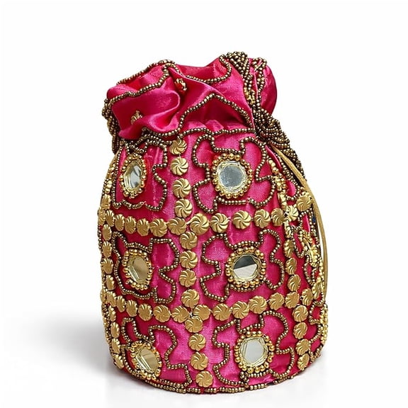 Handcrafted Embroidered Potli Bag for Women with Mirror Work and Beaded Design, Traditional Drawstring Pouch Purse for Wedding, Party and Festive Use, Pink
