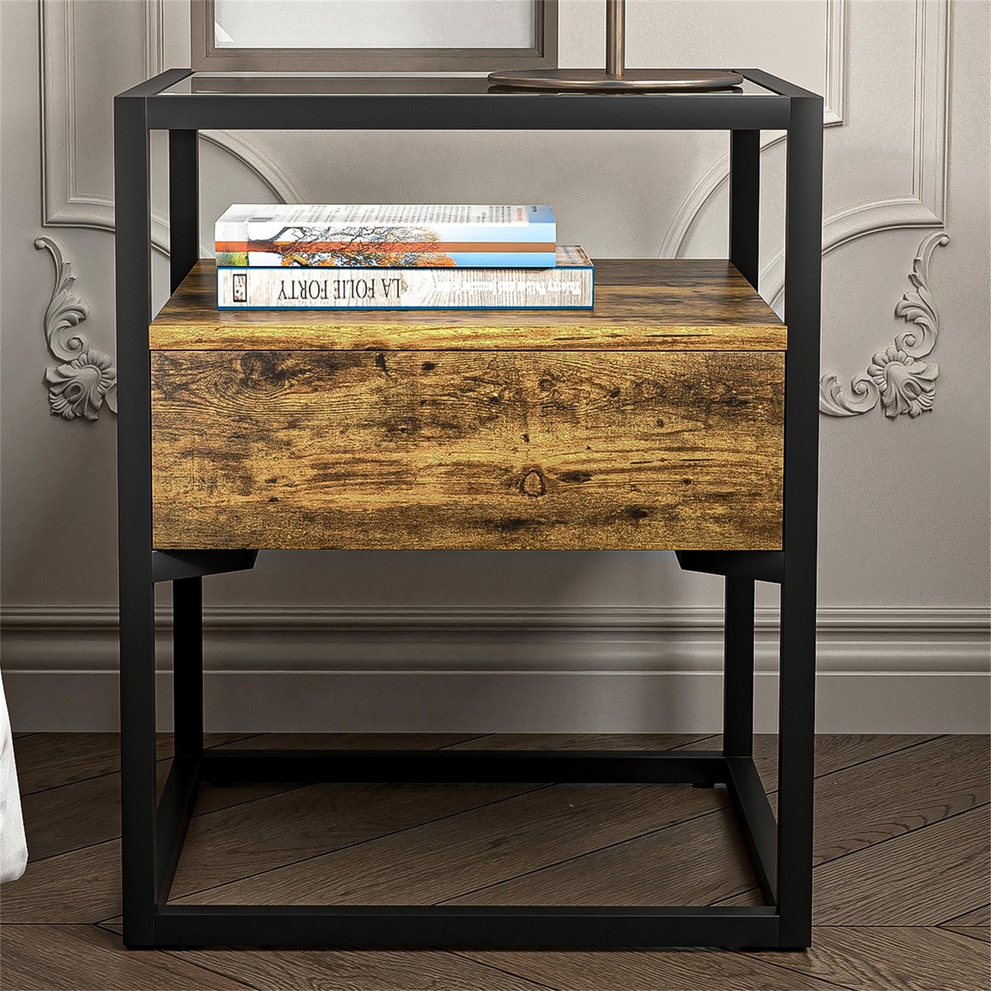 Kadyn Modern Nightstand, Glass Bedside Table with Drawers, Nightstand Side Table for Bedroom, Brown