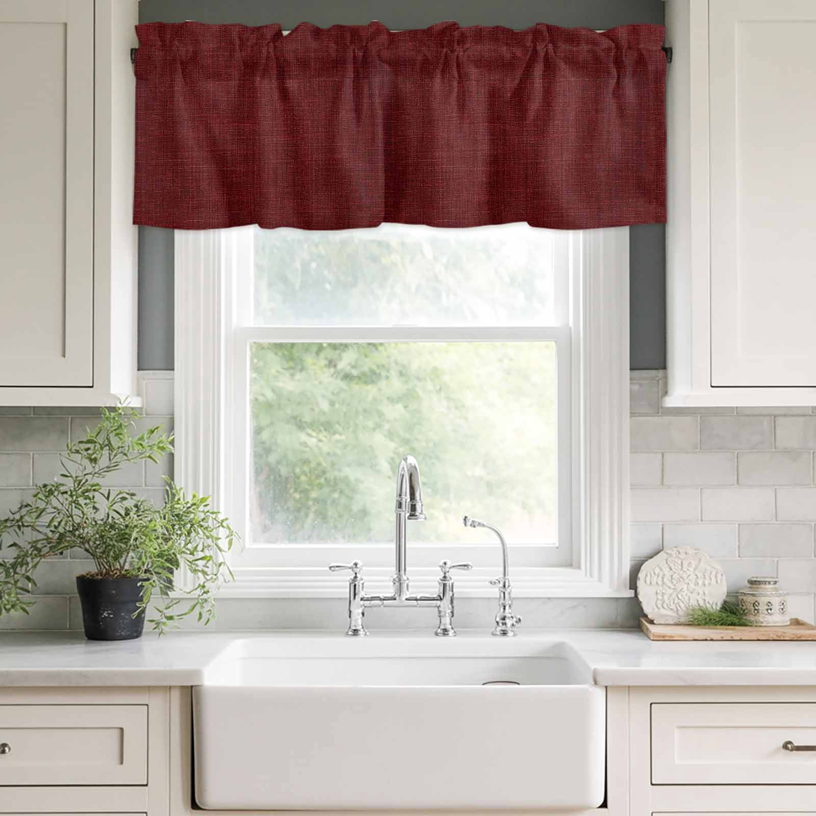 Vintage Dark Red Rod Pocket Curtain Valance, Farmhouse Retro Solid Color Linen Texture Farmhouse Window Valance for Living Room, Bedroom, Kitchen 42"W x 18"L