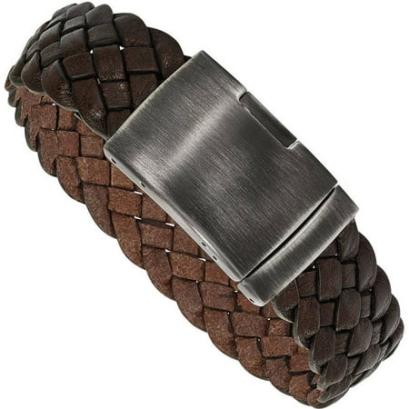 Primal Steel Stainless Steel Antiqued and Brushed Brown Braided Leather Bracelet, 9