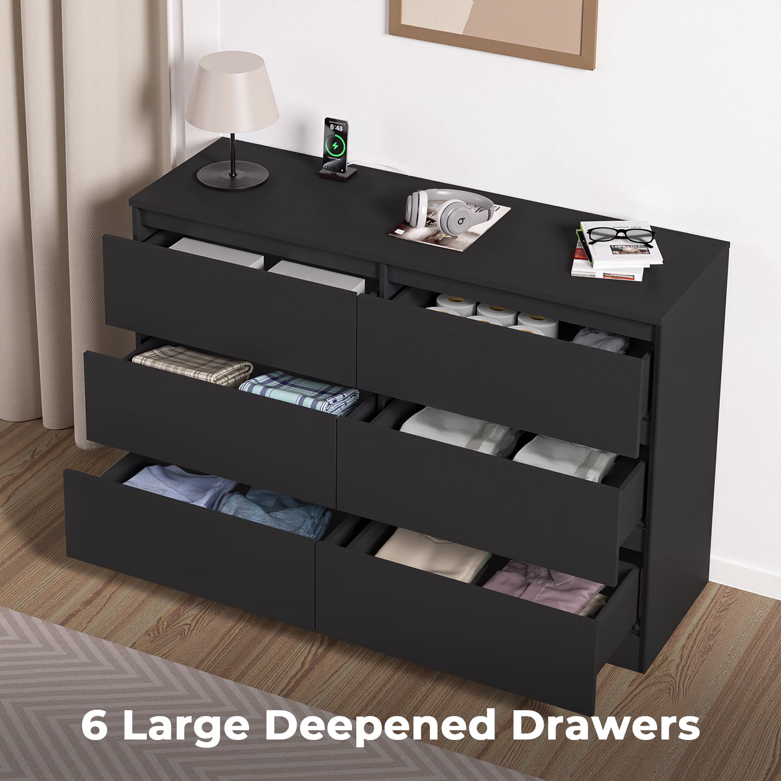 Hommpa Black 6 Drawers Dresser for Bedroom, Chest of Drawers TV Stand Dresser for Closet, Wooden Modern Storage Cabinet for Women Living Room Furniture