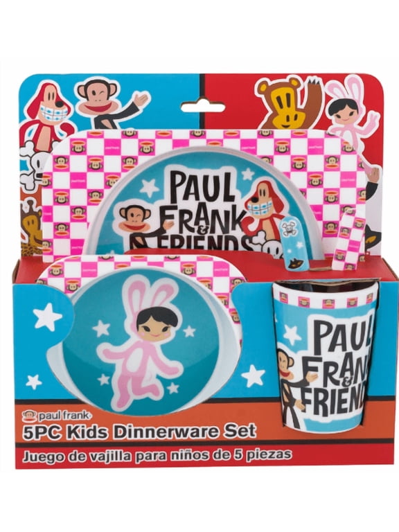 5-Piece Kids Dinnerware Set BPA-Free Melamine Plates, Bowls, Cup, Spoon & Fork | Fun Julius Monkey Design | Durable, Lightweight & Dishwasher Safe Toddler Mealtime Set for Boys & Girls