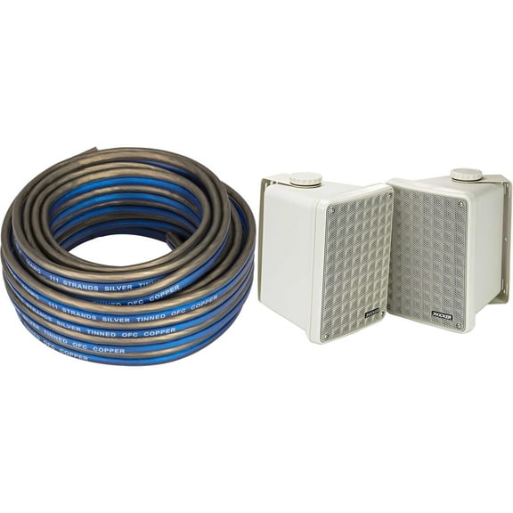 Kicker KB6B 2-Way Full Range Indoor Outdoor Speakers (Pair) Weatherproof Speakers for Patio Garage Poolside in-Home, Gray & Speaker Wire Bundle