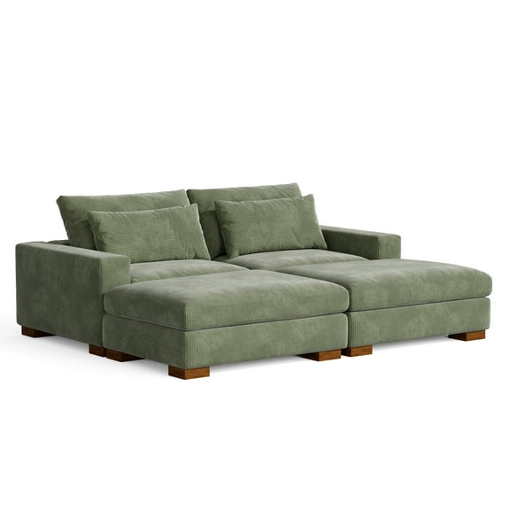 Isabella Sectional Sofa Corduroy Velvet with two Ottomans in Green Color