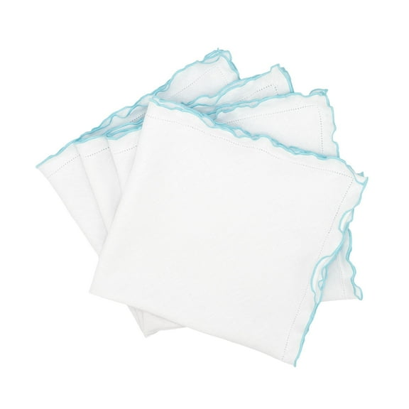 Linen Napkins With Turquoise Scalloped Hemstitch Edges, Set of 4