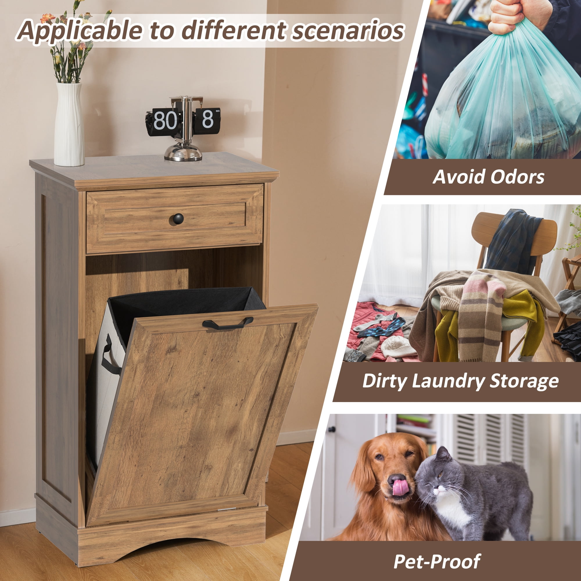 AHB 13 Gallon Tilt Out Kitchen Trash Cabinet with Drawer, Single Trash Can Storage Organizer, 20.9"L x 13.55"W x 38.5"H , Dark Wood