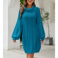 thumbnail image 4 of Vestido De Suéter Para Mujer Cuello Alto De Punto De Cable Color Puro Forma Suelta Suéter De Túnica Para Mujer Para Citas Fiesta Calle Azul L, 4 of 6