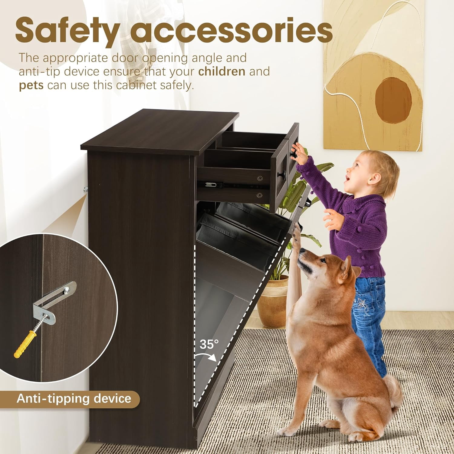 Magic Union Tilt Out Laundry Hamper Cabinet, 22 Gallon Double Hidden Laundry Hamper, Wooden Trash Can Cabinet with 2 Drawers, Farmhouse Garbage Can for Bathroom, Kitchen, Living Room