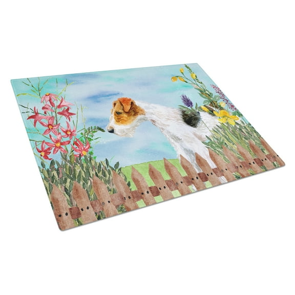 Caroline's Treasures Fox Terrier Spring Glass Cutting Board Large