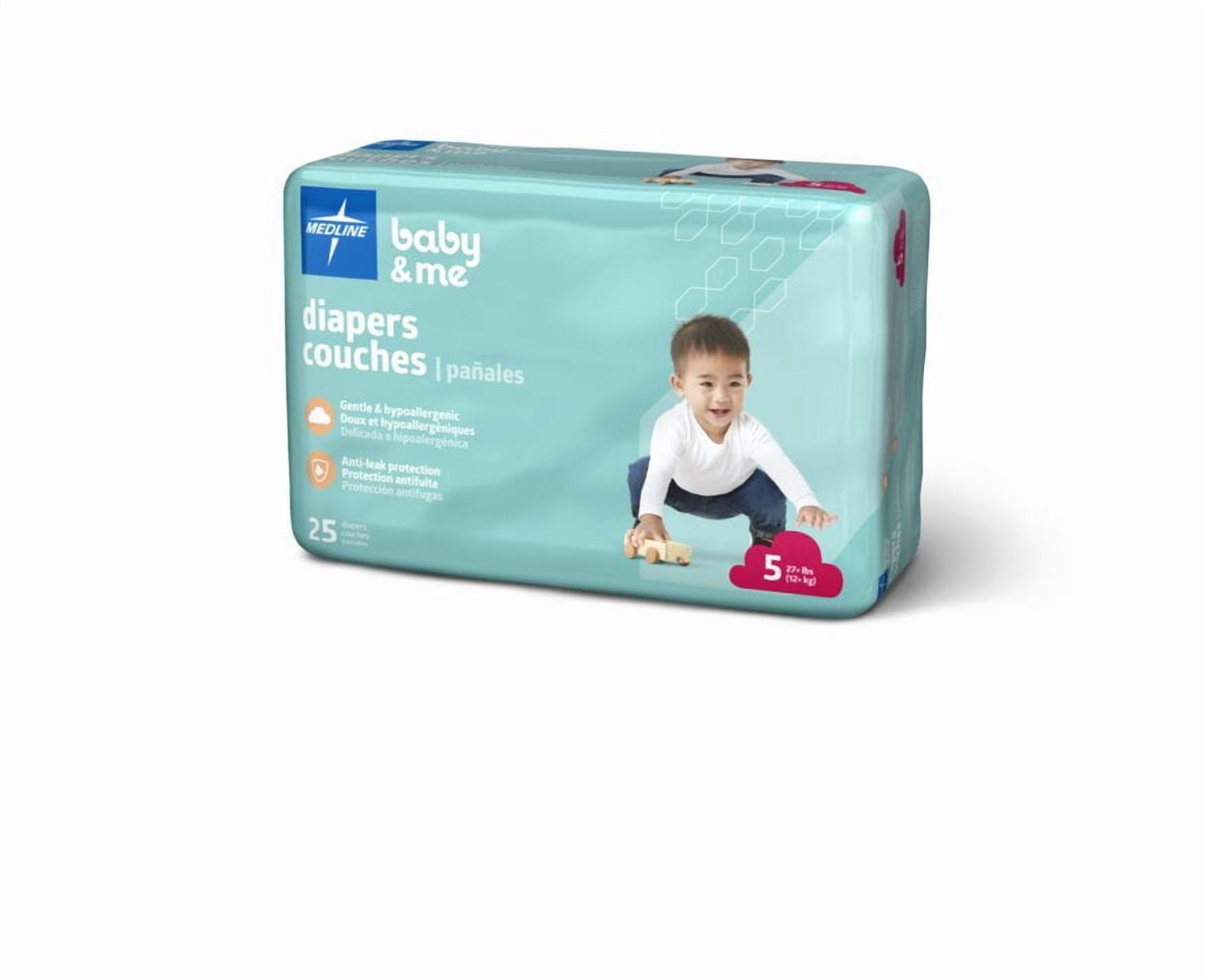 Medline Disposable Baby Diapers, Size 5 (27+ LBS), Case of 200