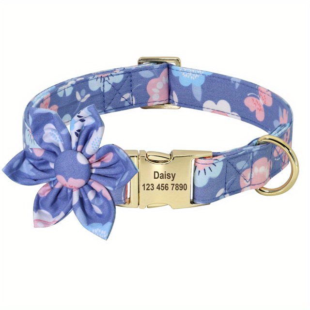 Dosaele Personalized Dog Collar with Floral Engraving - Adjustable Nylon Flower Buckle Durable & Comfortable for Small Medium & Large Dogs Stylish Paw Print Design Secure Fit Dog Col