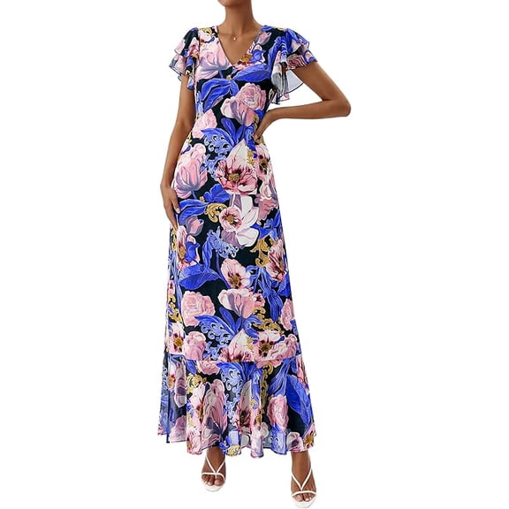 PRETTYGARDEN Womens Summer Floral Maxi Dresses Spring Short Sleeve Ruffle V Neck Flowy Boho Long Beach Vacation Sundress