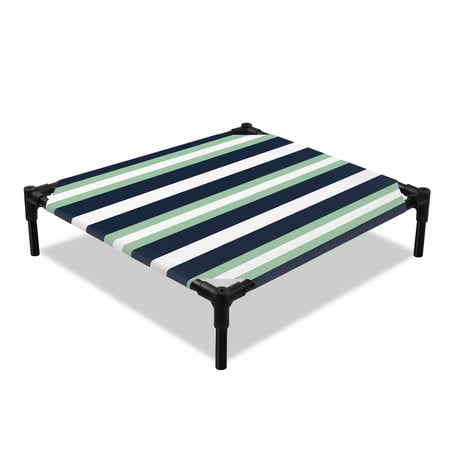 Green Navy Blue Stripe Elevated Dog Bed Modern Abstract Cooling Breathable Outdoor Raised Dog Cot Bed with Metal Frame Non-Slip Feet for Small Dog 20x20in