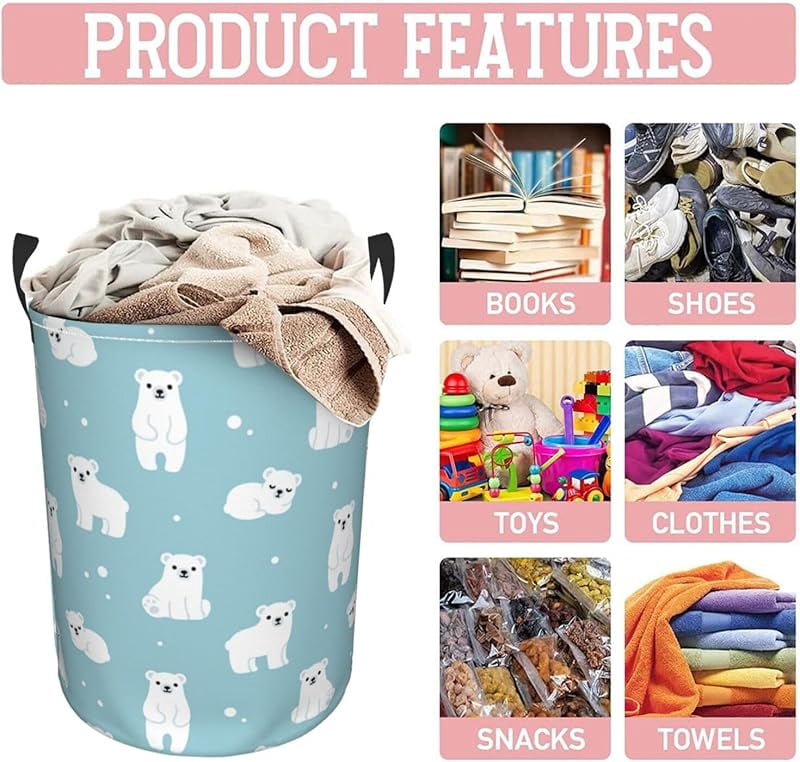 Cute Polar Bears Laundry Hamper Bag With Waterproof Liner - Round Laundry Basket Foldable Clothes Storage Organizer For Bathroom Bedroom Nursery Dorm