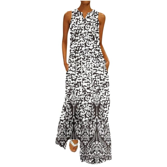 SMihono Robe Maxi Bohème d'Été pour Femmes Grande Taille Mode d'Été Imprimée Col en V Sans Manches Robe à Enfiler avec Poches Robe de Plage
