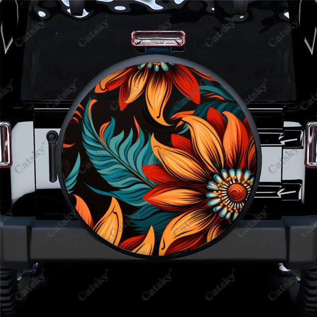 Floral African Authentic Flowers Pattern Polyester Universal Spare Wheel Tire Cover Wheel Covers for Trailer RV SUV Truck Camper