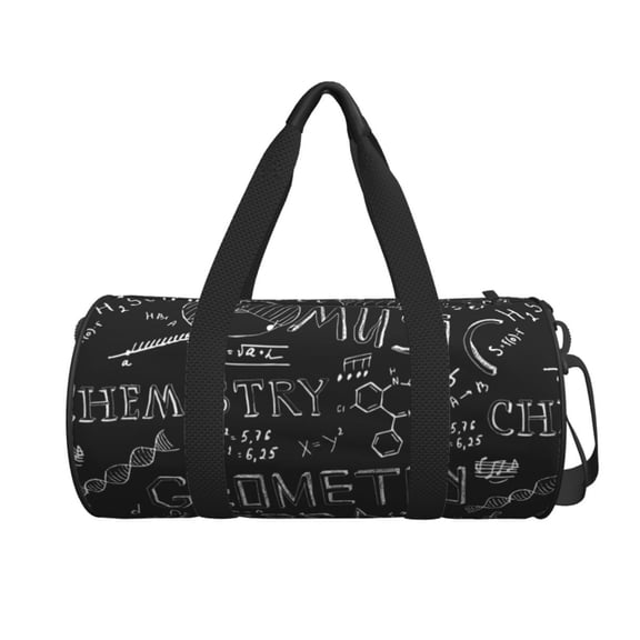 Xecao Black Scientific print Round Travel Duffel Bag is a foldable gym bag with an inner pocket, perfect for travel sports
