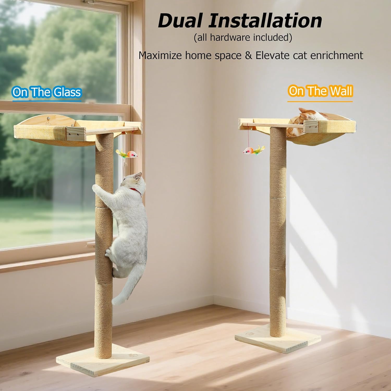 Window Perch with Tall Scratching Posts, Inside  Climbing Tree Hammock Mounted with Suction Cups for Sleeping Playing and Watching Birds