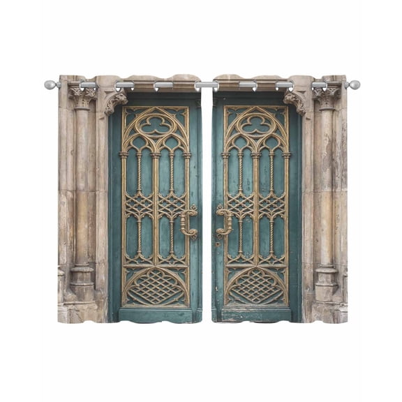 Turquoise Vintage Door Sheer Curtains 45 Inch Length 2 Panels Set for Living Room/Bedroom, Countryside Barn Abstract Art Kitchen Curtains Grommet Semi-Sheer Curtains Window Treatments 42"x45"x2