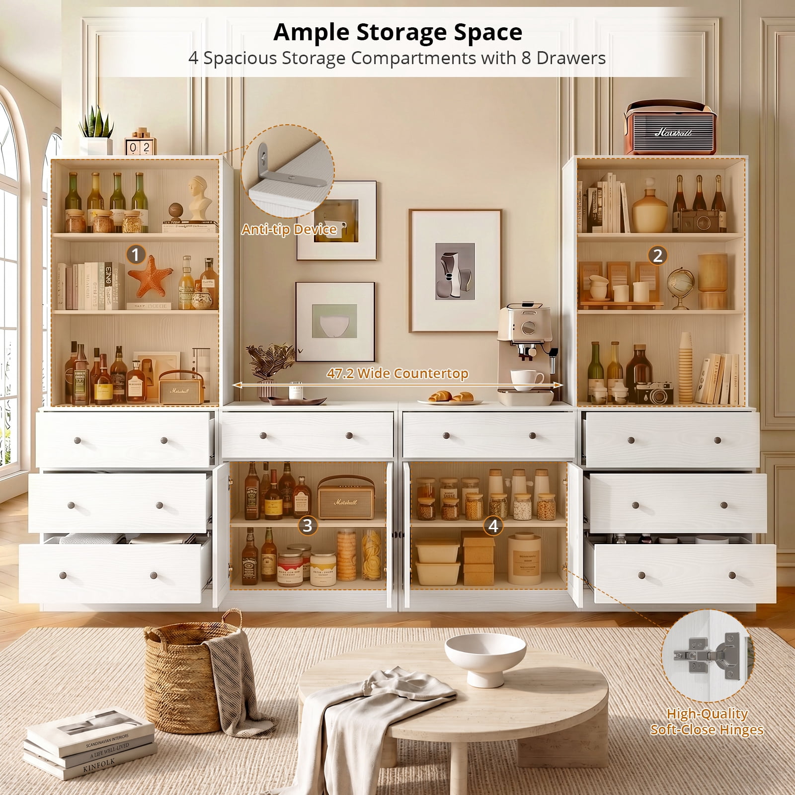 RichYa Kitchen Pantry Storage Cabinets,94.4''W Modular Furniture Cabinets with Hutch,Sideboard Buffet Cabinet with Doors and Shelves for Dining Room,Living Room,White