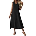 thumbnail image 5 of Zynoxe Cotton Dresses for Women Trendy V-neck Sleeveless Zipper Summer Midi Dresses Casual Peasant Gauze Beach Vacation Dresses with Pockets Black M, 5 of 8