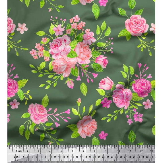 Soimoi Green Rayon Fabric Rose Floral Print Sewing Fabric Yard 56 Inch Wide