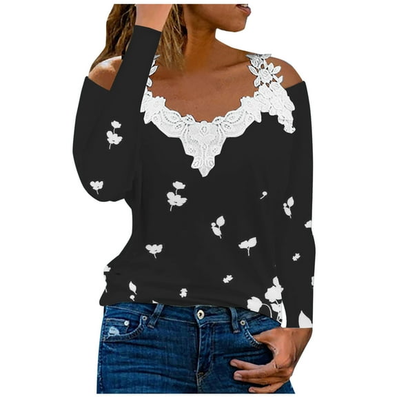 Dyegold Off Shoulder Long Sleeve Tops For Women Fashion Fall 2023 Shirts Dressy Casual V Neck Lace Reim Floral Print Blosues