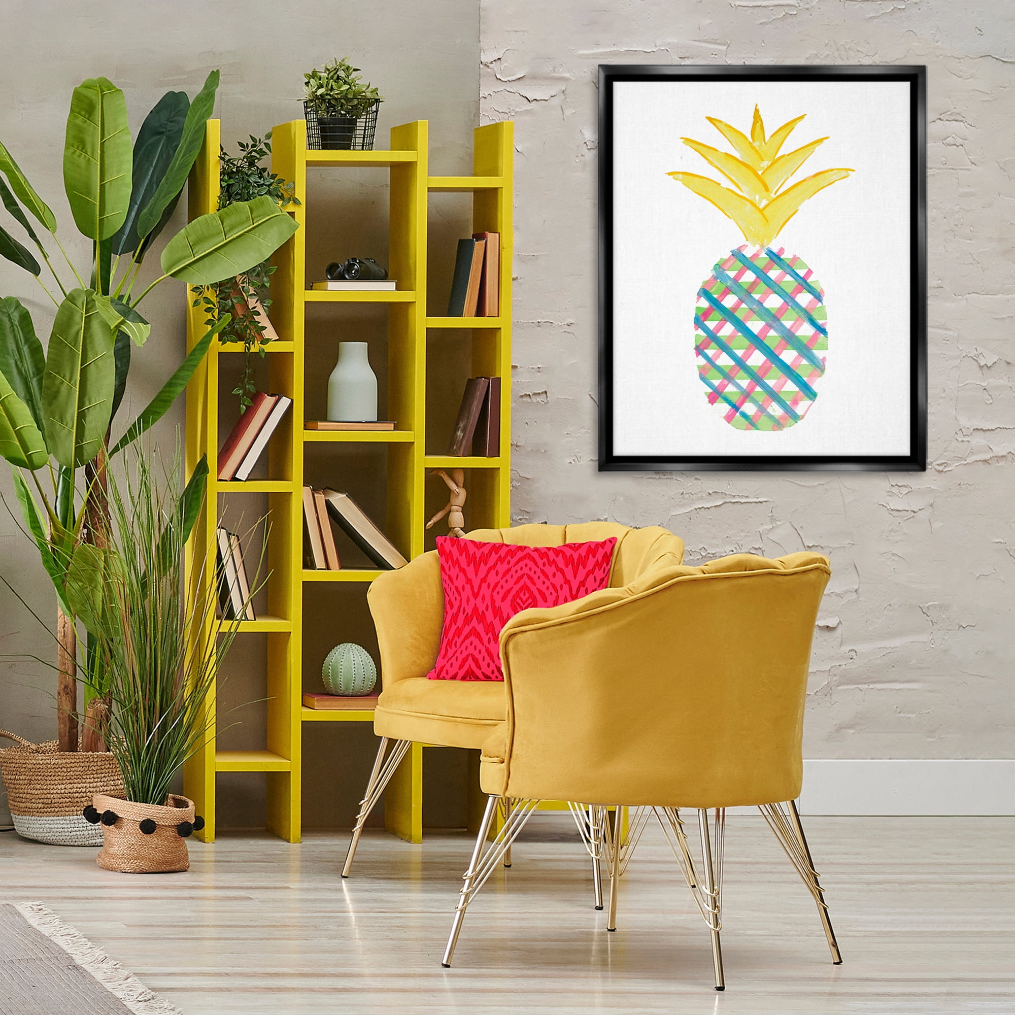 Stupell Industries Plaid Patterned Pineapple Food & Beverage Painting Black Floater Framed Canvas Art Print Wall Art, 25 x 31