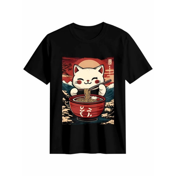 Women's T-Shirt Japanese Style Eat Ramen Cartoon Cat Short Sleeve Casual Tee Classic Crew Neck T Shirt for Women Black, 2XL