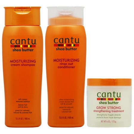 Cantu Moisturizing Shampoo + Rinse Out Conditioner + Grow Strong Treatment 6oz (Best Shampoo For Growing Out Hair)
