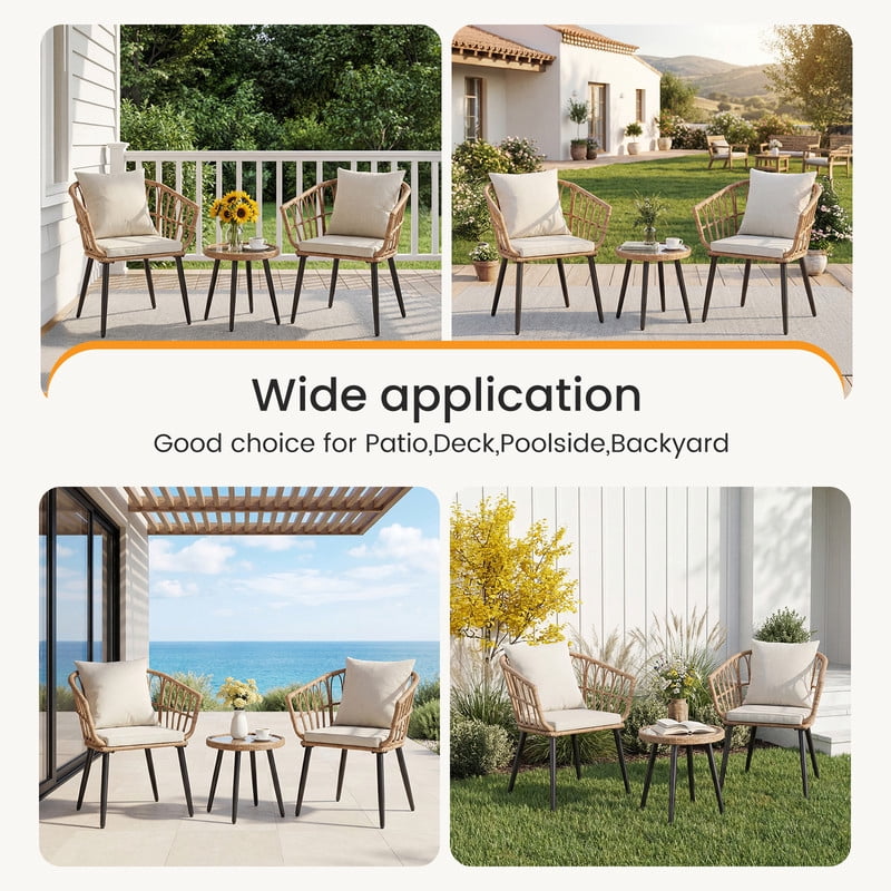 Gianna 3 Piece Outdoor Patio Furniture Set, Wicker Bistro Chairs with Glass Top Table for Apartment Balcony, Small Backyard, Porch and Deck, Beige
