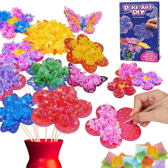 Poke-in Art Flower Bouquet Crafts for Girls Ages 4-8, Gifts for 4 5 6 7 8 9 Year Old Girls, Art Craft Activity Craft Kits for Kids, Mess-Free Sewing Art DIY Activity
