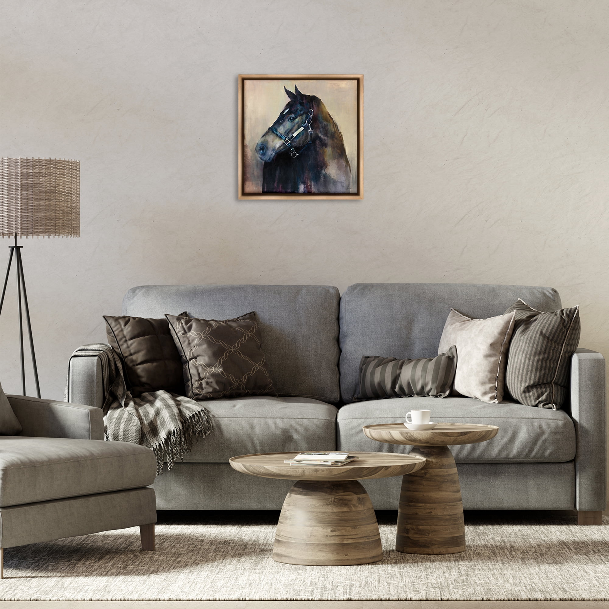 Stupell Industries Ritzy Black Horse Animals Painting Brown Floater Framed Canvas Art Print Wall Art, 18 x 18