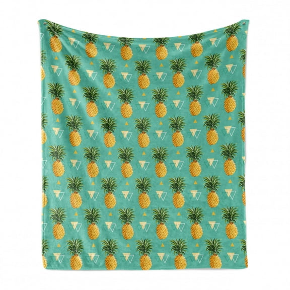 Pineapple Soft Flannel Fleece Throw Blanket, Hipster and Pineapples Tropic Fruits Design with Triangles, Cozy Plush for Indoor and Outdoor Use, 70" x 90", Turquoise Ginger Green, by Ambesonne