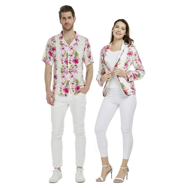 Couple Matching Hawaiian Luau Outfit Aloha Shirt And Jacket In Pink White  Hibiscus - Walmart.Com